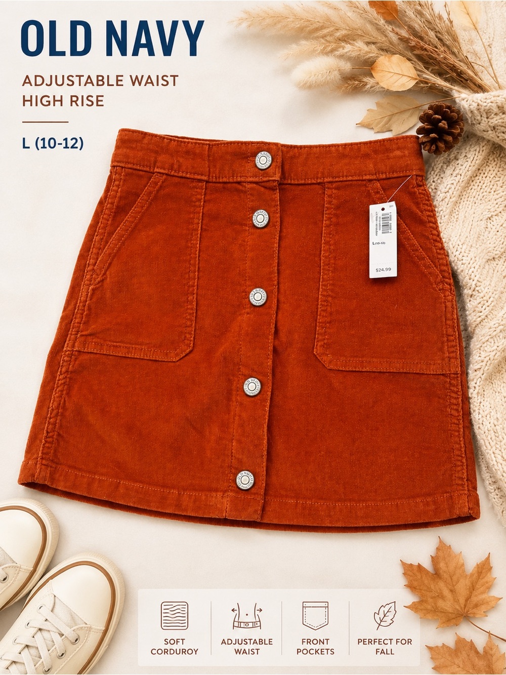 NWT Old Navy Girls Rust Orange Corduroy Button Front Mini Skirt Size L 10-12